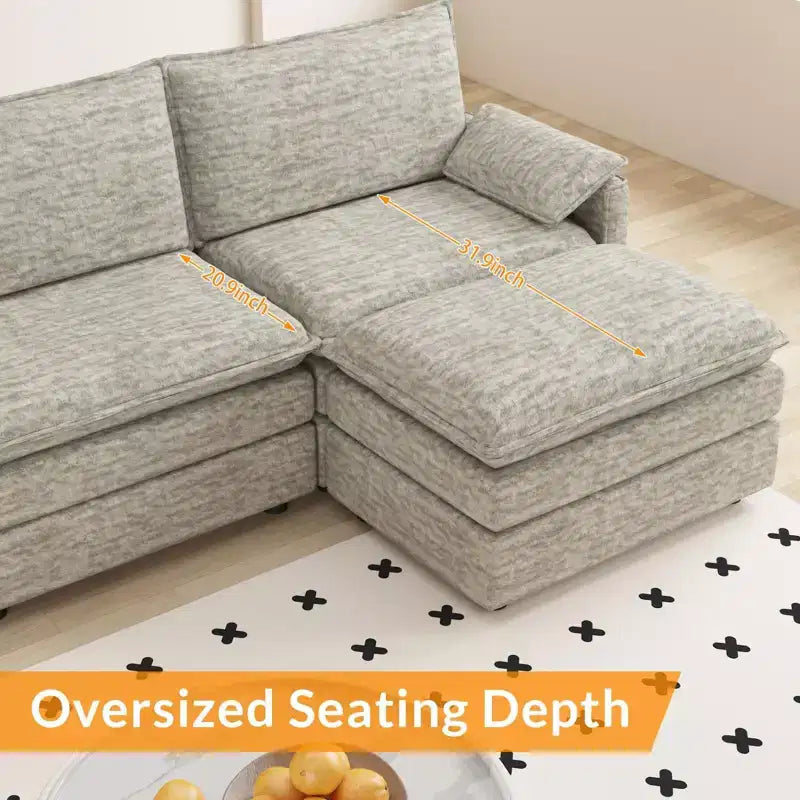 Divano componibile modulare 108 con pouf, divano moderno e confortevole in ciniglia a forma di L con seduta profonda, divano componibile extra large per appartamento