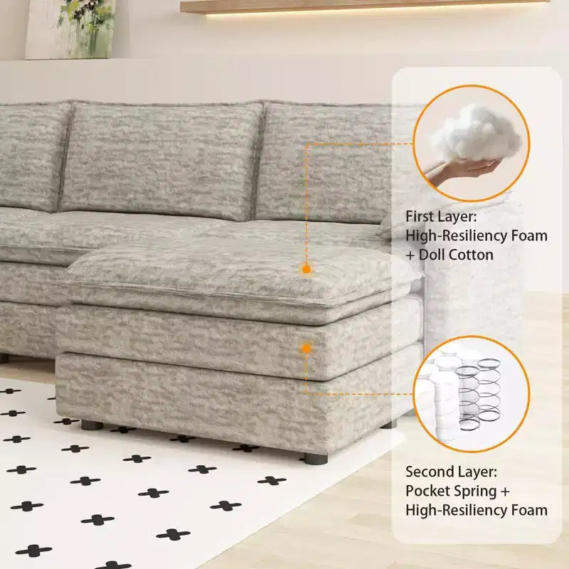 Divano componibile modulare 108 con pouf, divano moderno e confortevole in ciniglia a forma di L con seduta profonda, divano componibile extra large per appartamento