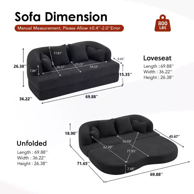 Canapé-Lit Pliable 2 en 1 Whisen, Canapé sans Os Convertible 70 Pliable avec 4 Oreillers