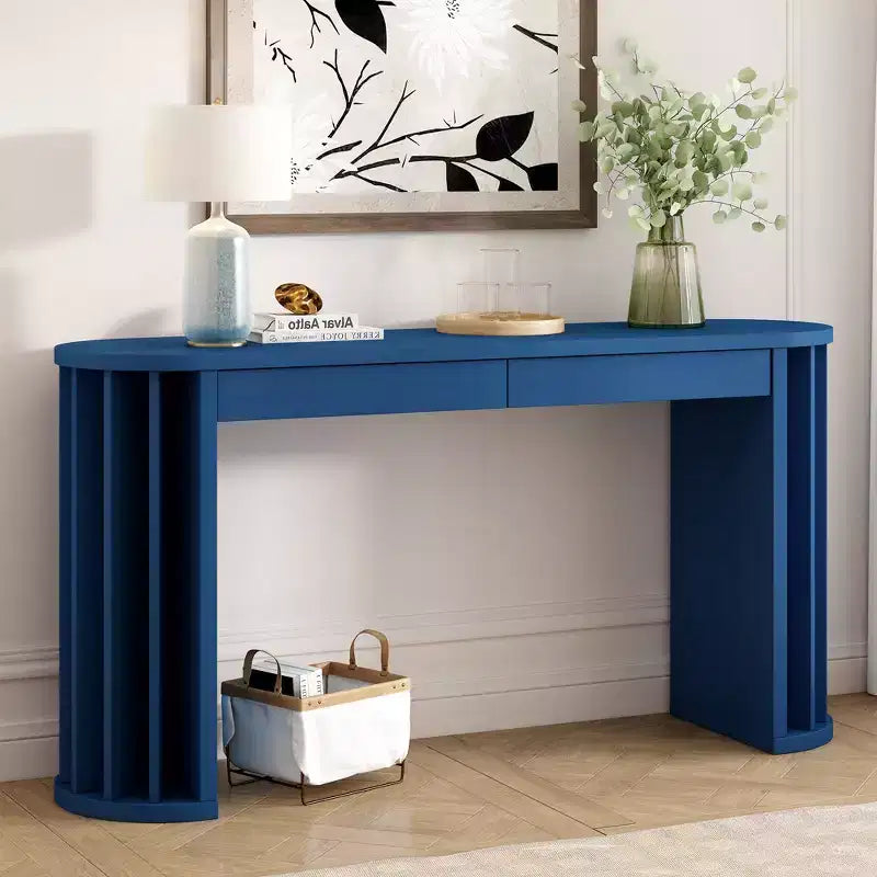 Consolle lunga 59 pollici, tavolo da divano impiallacciato rovere, design a linee curve e rette, dietro il divano, tavolo d'ingresso in stile rustico per l'entrata