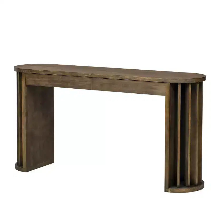 59 Long Console Table,Oak Veneer Sofa Table,Curved and Straight Line Design,Behind the Couch, Farmhouse Entryway Table for Entrance