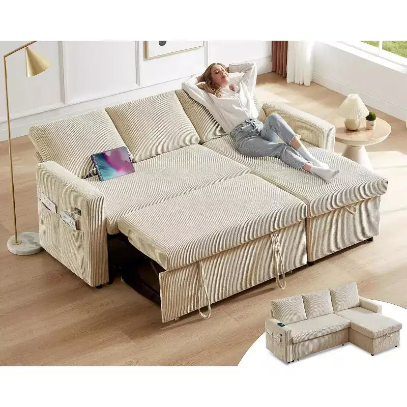 Divano letto angolare a penisola estraibile Dyonery 81, 4 in 1 con vano contenitore, porte USB e tasche laterali per soggiorno