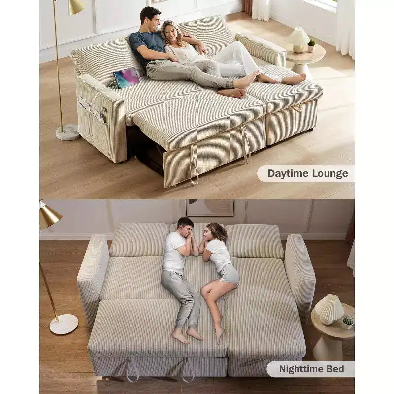 Divano letto angolare a penisola estraibile Dyonery 81, 4 in 1 con vano contenitore, porte USB e tasche laterali per soggiorno