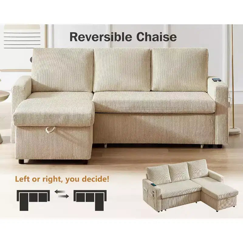 Divano letto angolare a penisola estraibile Dyonery 81, 4 in 1 con vano contenitore, porte USB e tasche laterali per soggiorno