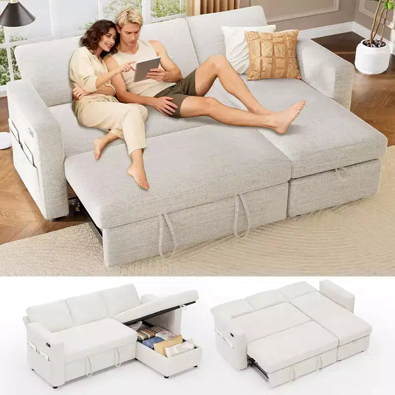 Divano letto angolare a penisola estraibile Dyonery 81, 4 in 1 con vano contenitore, porte USB e tasche laterali per soggiorno