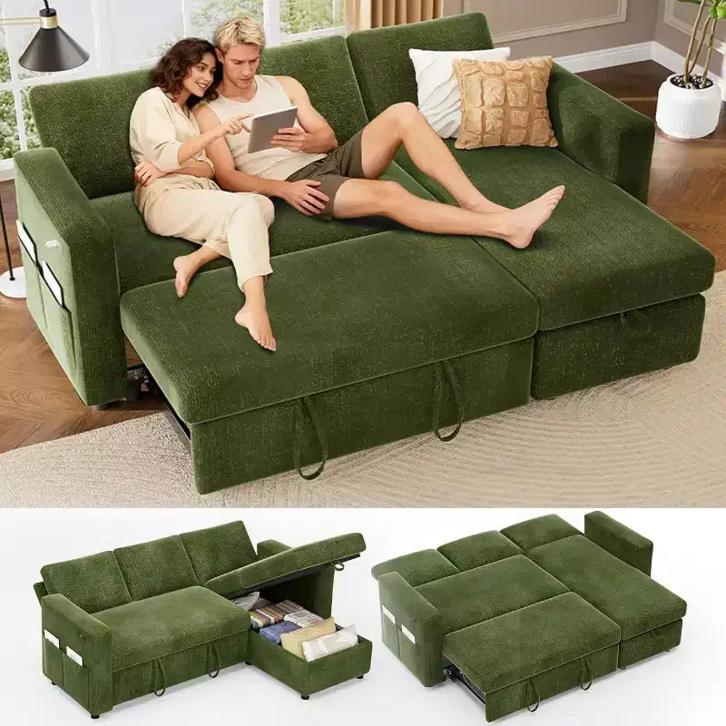 Divano letto angolare a penisola estraibile Dyonery 81, 4 in 1 con vano contenitore, porte USB e tasche laterali per soggiorno