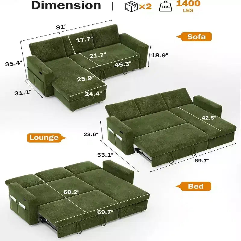 Divano letto angolare a penisola estraibile Dyonery 81, 4 in 1 con vano contenitore, porte USB e tasche laterali per soggiorno