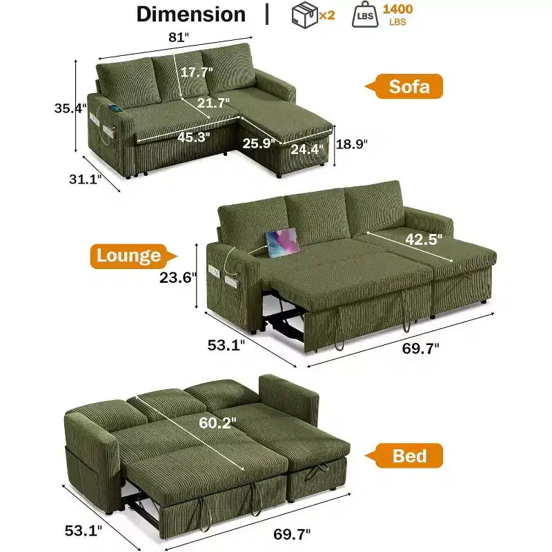 Divano letto angolare a penisola estraibile Dyonery 81, 4 in 1 con vano contenitore, porte USB e tasche laterali per soggiorno