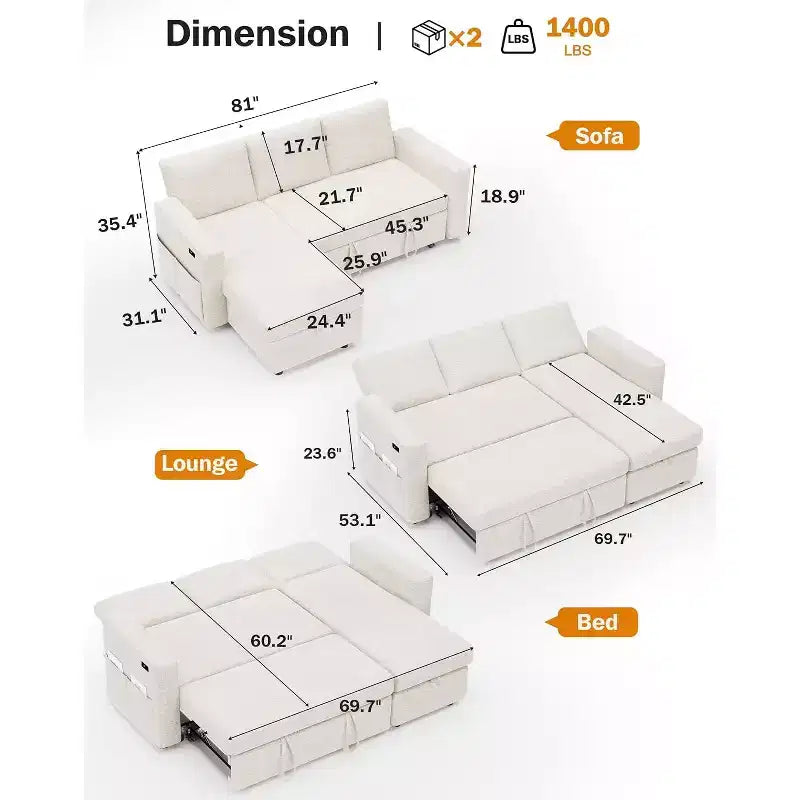 Divano letto angolare a penisola estraibile Dyonery 81, 4 in 1 con vano contenitore, porte USB e tasche laterali per soggiorno