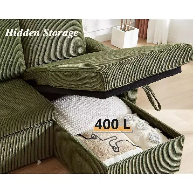 Divano letto angolare a penisola estraibile Dyonery 81, 4 in 1 con vano contenitore, porte USB e tasche laterali per soggiorno