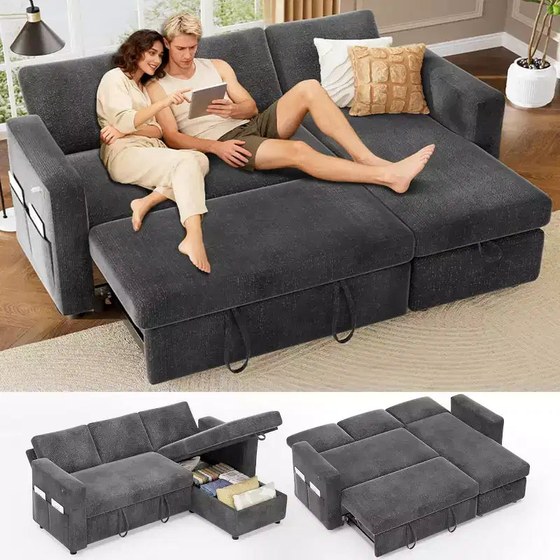 Divano letto angolare a penisola estraibile Dyonery 81, 4 in 1 con vano contenitore, porte USB e tasche laterali per soggiorno