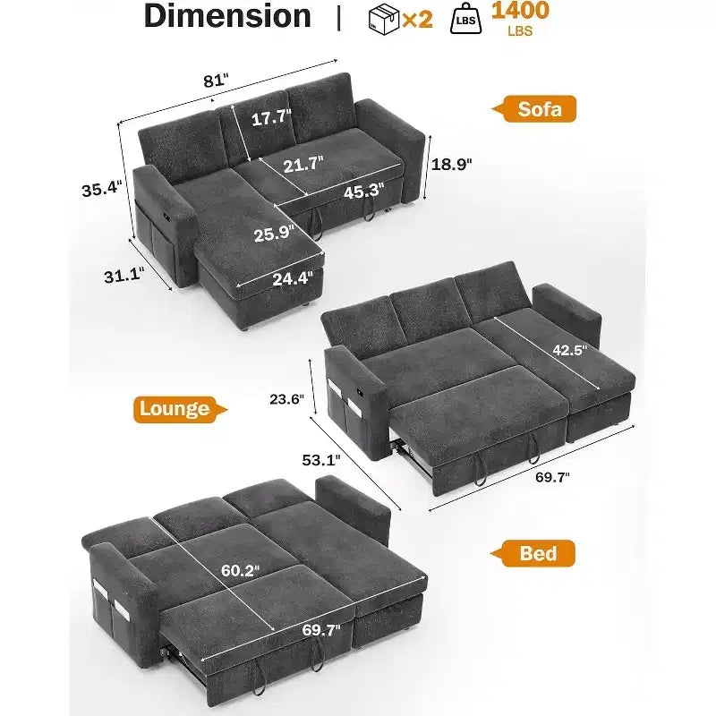 Divano letto angolare a penisola estraibile Dyonery 81, 4 in 1 con vano contenitore, porte USB e tasche laterali per soggiorno