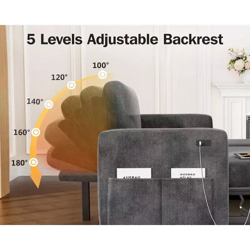 Divano letto angolare a penisola estraibile Dyonery 81, 4 in 1 con vano contenitore, porte USB e tasche laterali per soggiorno