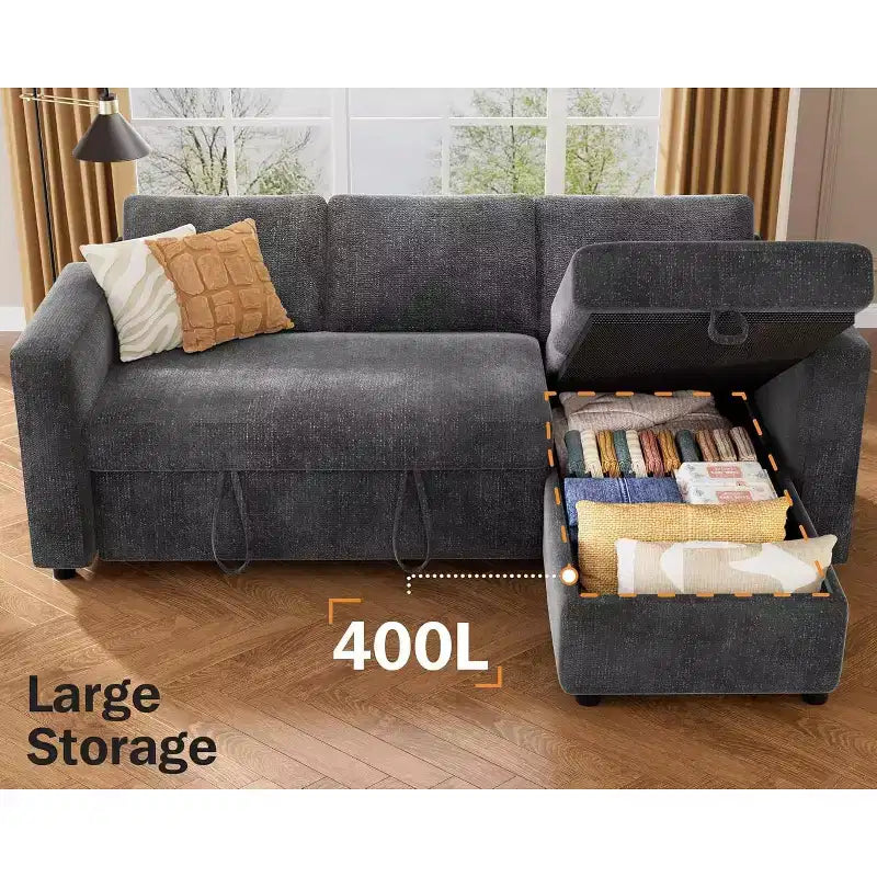 Divano letto angolare a penisola estraibile Dyonery 81, 4 in 1 con vano contenitore, porte USB e tasche laterali per soggiorno