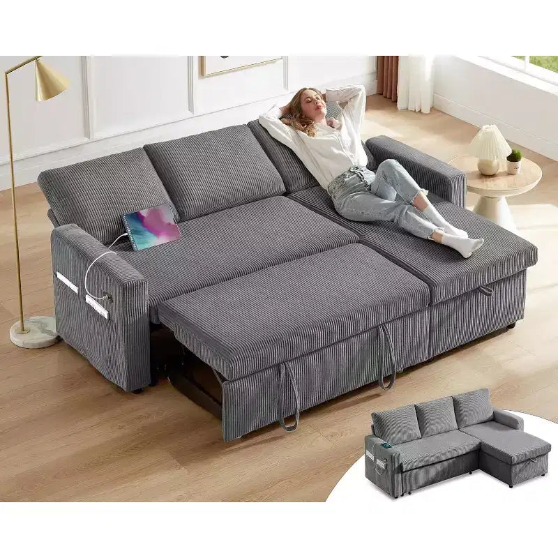 Divano letto angolare a penisola estraibile Dyonery 81, 4 in 1 con vano contenitore, porte USB e tasche laterali per soggiorno