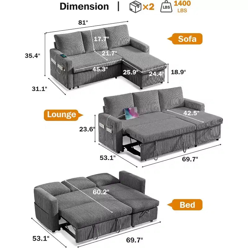 Divano letto angolare a penisola estraibile Dyonery 81, 4 in 1 con vano contenitore, porte USB e tasche laterali per soggiorno
