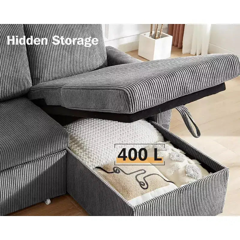 Divano letto angolare a penisola estraibile Dyonery 81, 4 in 1 con vano contenitore, porte USB e tasche laterali per soggiorno