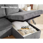 Divano letto angolare a penisola estraibile Dyonery 81, 4 in 1 con vano contenitore, porte USB e tasche laterali per soggiorno