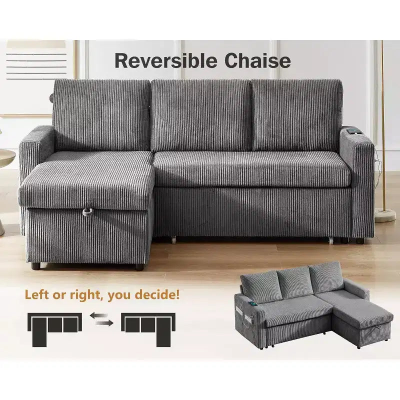 Divano letto angolare a penisola estraibile Dyonery 81, 4 in 1 con vano contenitore, porte USB e tasche laterali per soggiorno