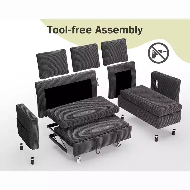 Divano letto angolare a penisola estraibile Dyonery 81, 4 in 1 con vano contenitore, porte USB e tasche laterali per soggiorno