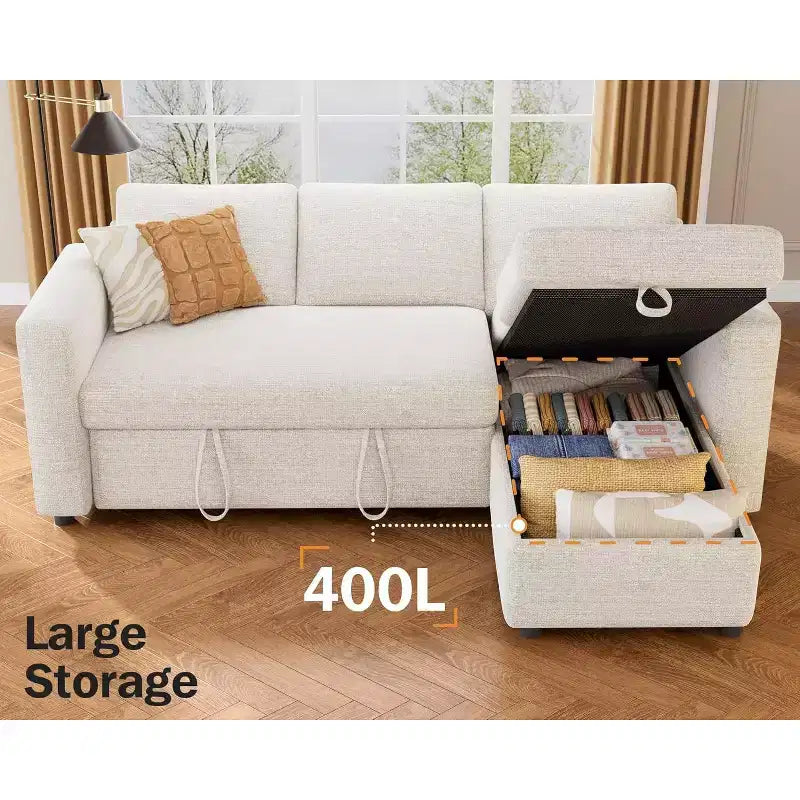Divano letto angolare a penisola estraibile Dyonery 81, 4 in 1 con vano contenitore, porte USB e tasche laterali per soggiorno