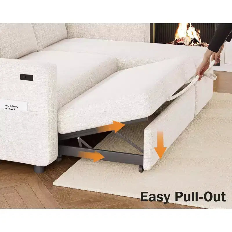 Divano letto angolare a penisola estraibile Dyonery 81, 4 in 1 con vano contenitore, porte USB e tasche laterali per soggiorno