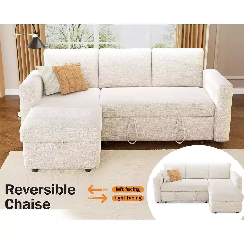 Divano letto angolare a penisola estraibile Dyonery 81, 4 in 1 con vano contenitore, porte USB e tasche laterali per soggiorno