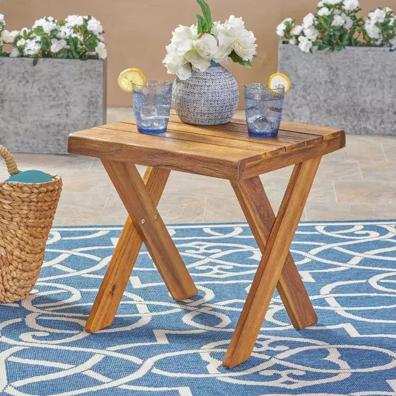 Wooden End Tables, Acacia Wood Tables Modern Square Side Table, with Cross Base, Rustic Small Coffee Table for Backyard, Garden