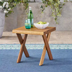Tavolini laterali in legno, Tavolini quadrati moderni in legno di acacia, con base a croce, Tavolino rustico piccolo per il cortile e il giardino