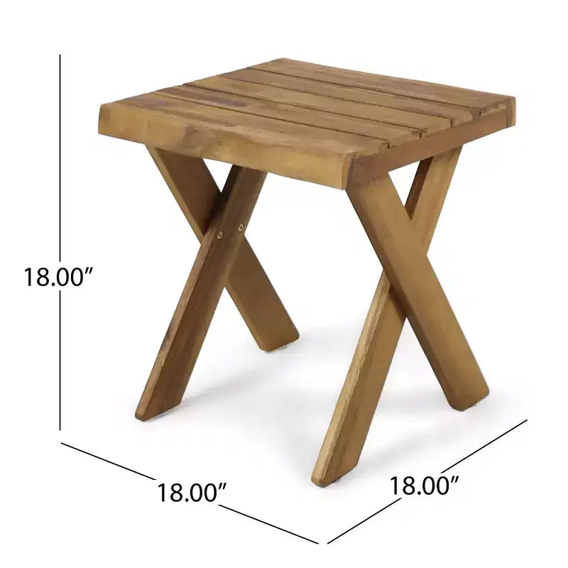 Tavolini laterali in legno, Tavolini quadrati moderni in legno di acacia, con base a croce, Tavolino rustico piccolo per il cortile e il giardino