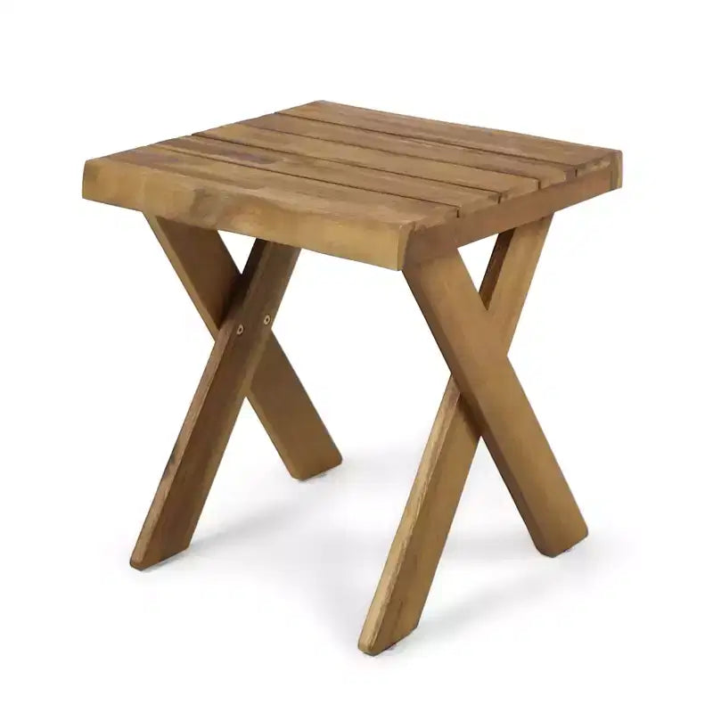 Tavolini laterali in legno, Tavolini quadrati moderni in legno di acacia, con base a croce, Tavolino rustico piccolo per il cortile e il giardino