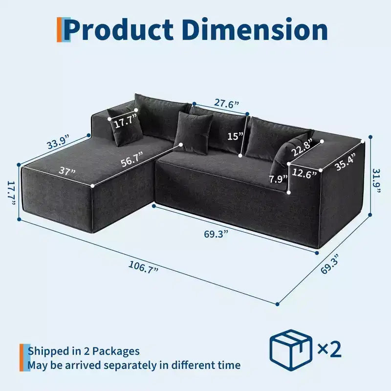 106.7Divano componibile, divani modulari Cloud con chaise longue, divano componibile in poliestere a L, divano moderno rivestito con seduta profonda