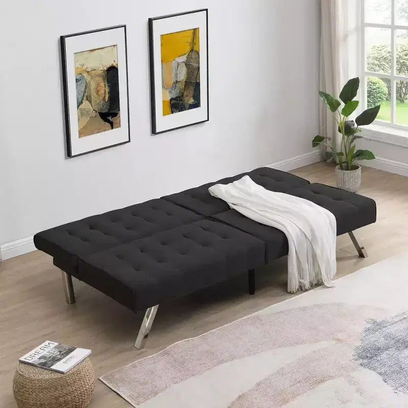 TUYOHW Divano Letto Futon Pieghevole Convertibile in PVC/Tessuto da 170 cm con Gambe in Acciaio Inox per Soggiorno, Ufficio, Appartamento, Camera da Letto, Nero