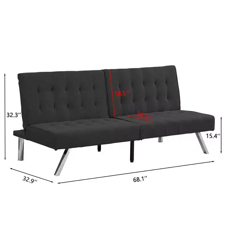 TUYOHW Divano Letto Futon Pieghevole Convertibile in PVC/Tessuto da 170 cm con Gambe in Acciaio Inox per Soggiorno, Ufficio, Appartamento, Camera da Letto, Nero
