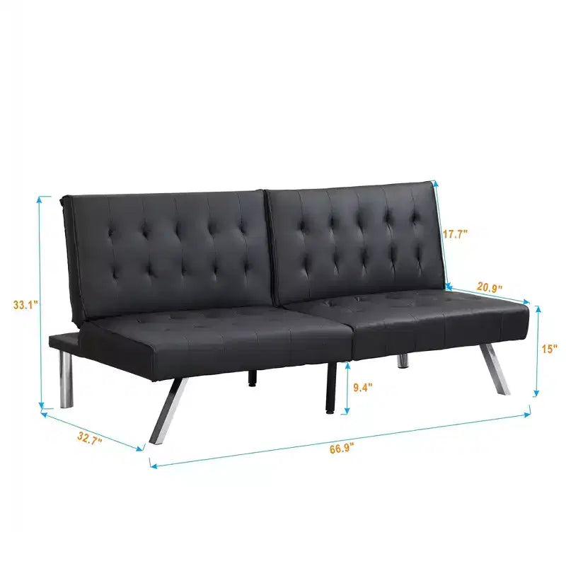 TUYOHW Divano Letto Futon Pieghevole Convertibile in PVC/Tessuto da 170 cm con Gambe in Acciaio Inox per Soggiorno, Ufficio, Appartamento, Camera da Letto, Nero