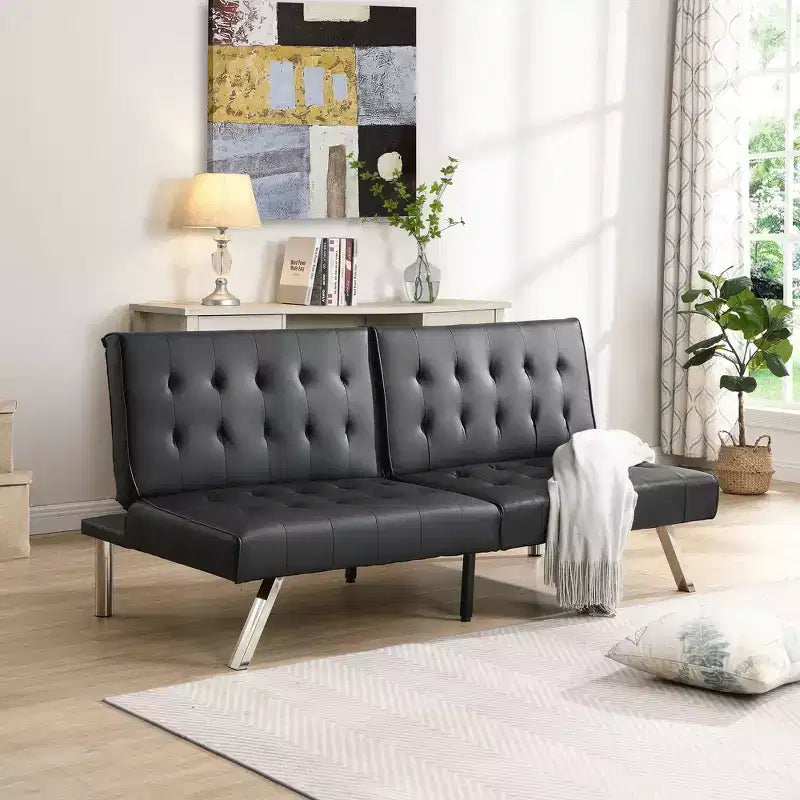 TUYOHW 66.9 Inch PVC/Fabric Convertible Folding Futon Sofa Bed with Stainless Legs for Living Room,Office,Apartment,Bedroom,Black