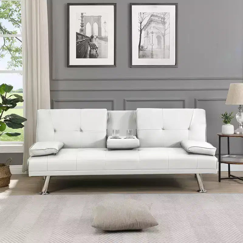 TUYOHW 66.1 Inch PVC Convertible Folding Futon Sofa Bed with 2 Cup Holders for Living Room,Office,Apartment,Bedroom