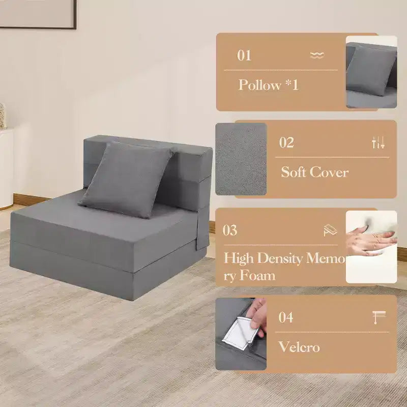 COZONY Canapé-lit pliant, Canapé-lit pliable avec oreiller, Matelas de couchage convertible, Canapé-futon au sol avec housse lavable en mousse à mémoire de forme, Taille individuelle