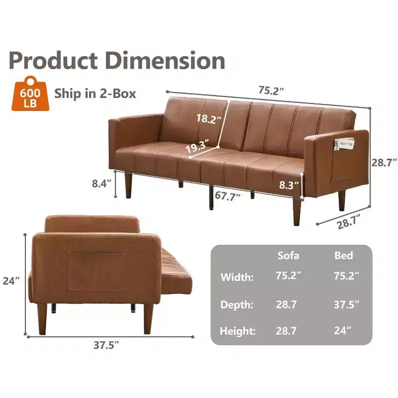 COZONY 75 Divano letto futon moderno di metà secolo, divano letto convertibile in pelle PU con schienale regolabile, divanetto con tasche laterali, marrone