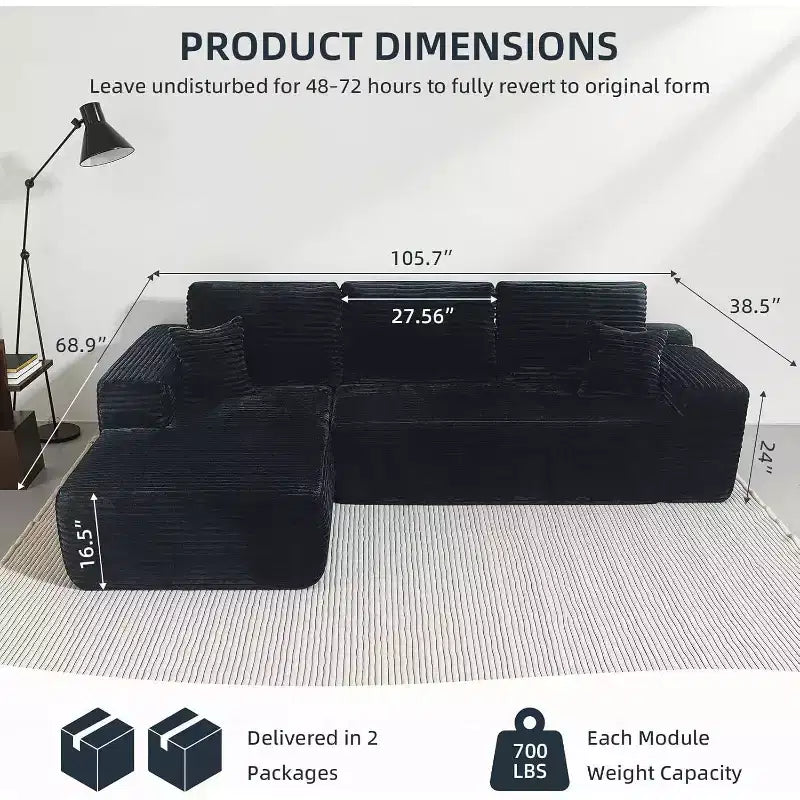 Canapé d'angle modulable MooxvMoo avec coussins décoratifs et assise profonde, canapé confortable en forme de L avec méridienne, 105 canapés modulaires pour salon, Noir