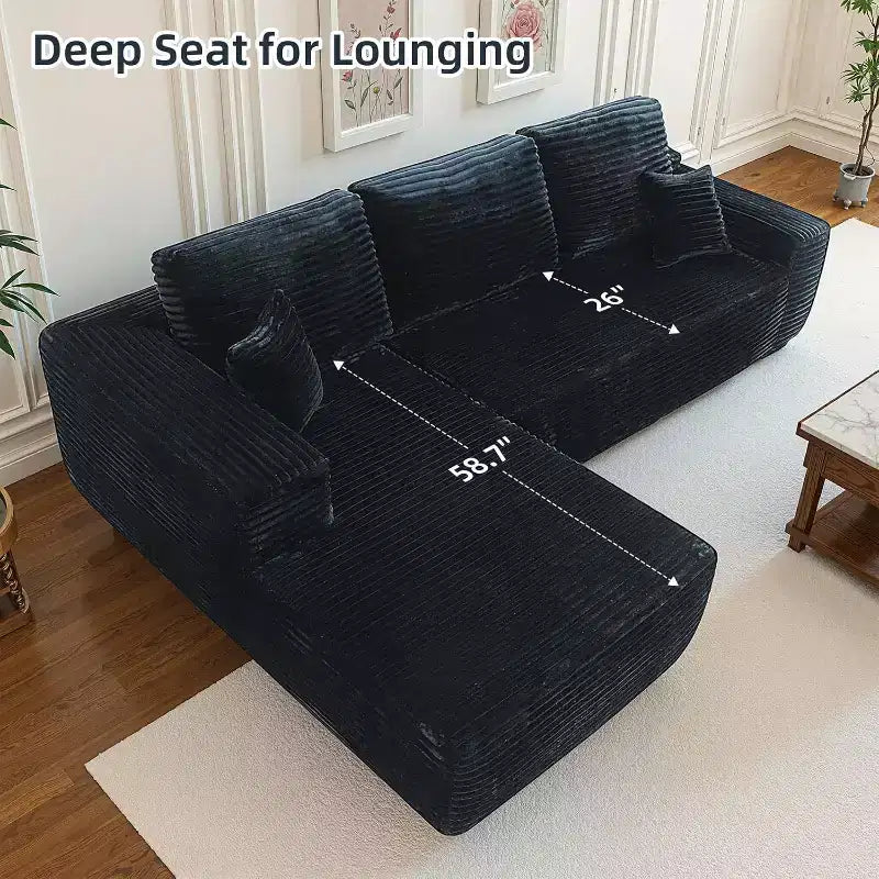Canapé d'angle modulable MooxvMoo avec coussins décoratifs et assise profonde, canapé confortable en forme de L avec méridienne, 105 canapés modulaires pour salon, Noir