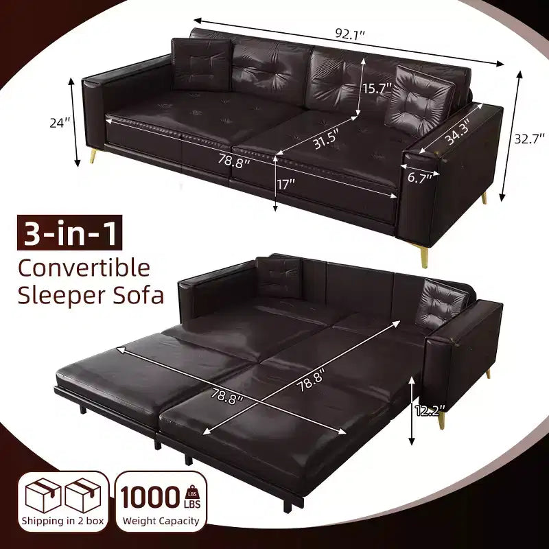 Whisen 92.1 Canapé-lit escamotable King Size, canapé convertible 3 en 1 en similicuir avec 2 oreillers