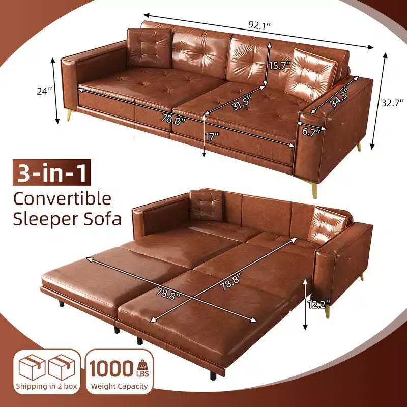 Whisen 92.1 Canapé-lit escamotable King Size, canapé convertible 3 en 1 en similicuir avec 2 oreillers