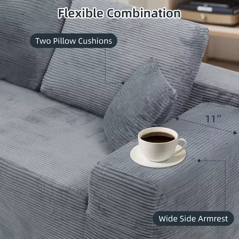 Divano componibile MooxvMoo 105 con cuscini e seduta profonda, nessun assemblaggio richiesto, comodo divano a L in velluto a coste con chaise longue, grigio