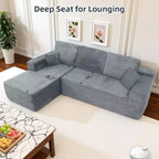 Divano componibile MooxvMoo 105 con cuscini e seduta profonda, nessun assemblaggio richiesto, comodo divano a L in velluto a coste con chaise longue, grigio