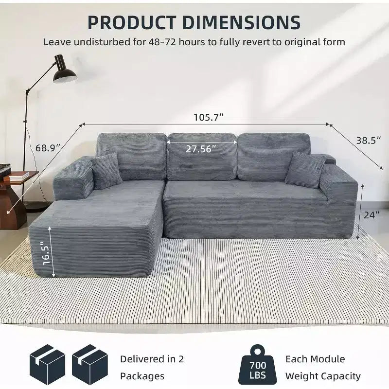 Divano componibile MooxvMoo 105 con cuscini e seduta profonda, nessun assemblaggio richiesto, comodo divano a L in velluto a coste con chaise longue, grigio