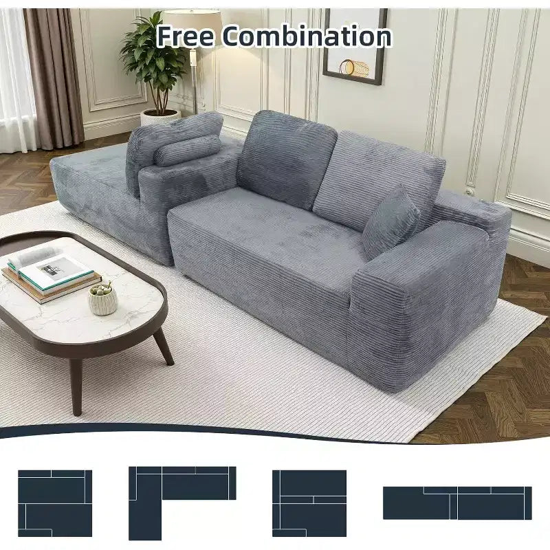 Divano componibile MooxvMoo 105 con cuscini e seduta profonda, nessun assemblaggio richiesto, comodo divano a L in velluto a coste con chaise longue, grigio