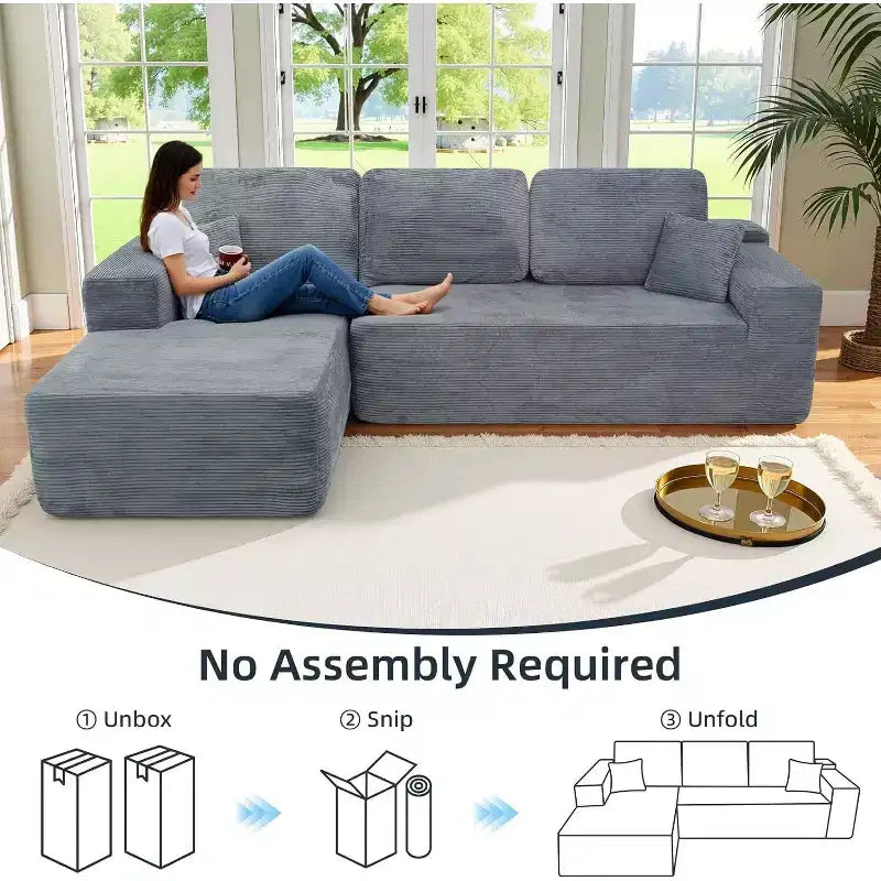 Divano componibile MooxvMoo 105 con cuscini e seduta profonda, nessun assemblaggio richiesto, comodo divano a L in velluto a coste con chaise longue, grigio