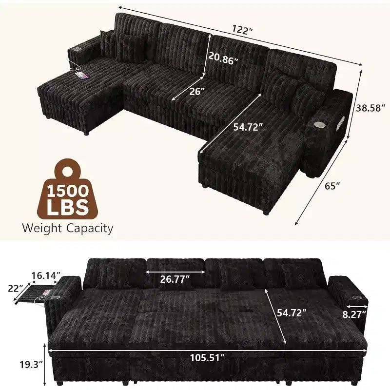 Divano letto a rigido MooxvMoo 122 a forma di U con contenitore, tavolino, porte USB e portabicchieri Jet, divano convertibile con letto estraibile, schienale regolabile
