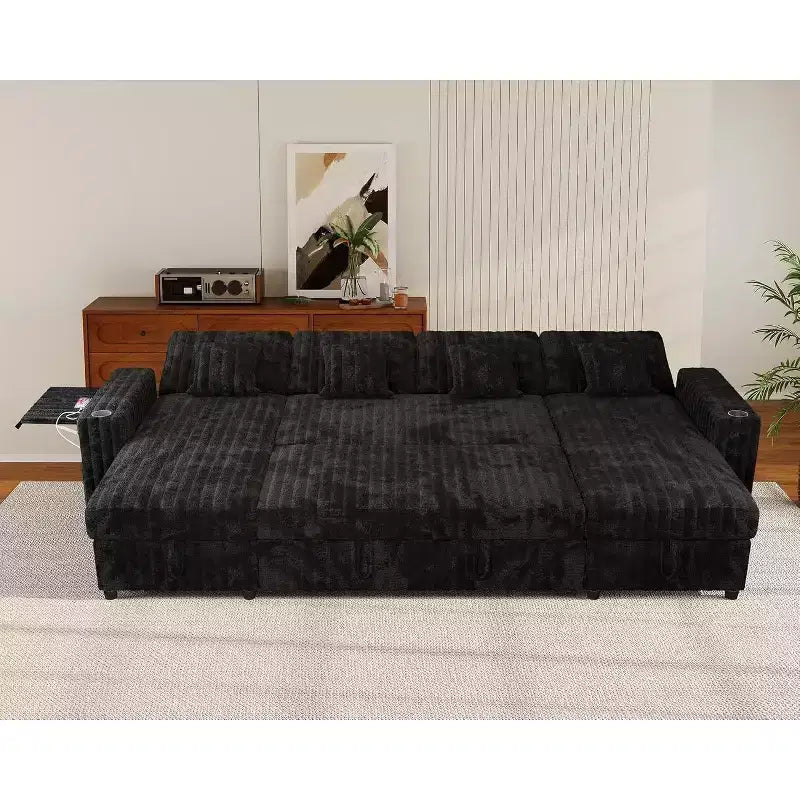 Divano letto a rigido MooxvMoo 122 a forma di U con contenitore, tavolino, porte USB e portabicchieri Jet, divano convertibile con letto estraibile, schienale regolabile